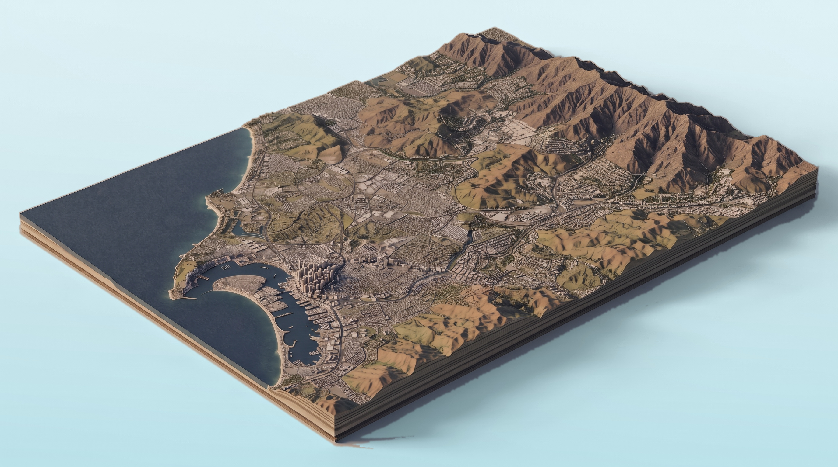 Illustrated relief model of San Diego County showing the Pacific coastline, San Diego Bay and the downtown skyline, the northern inland valleys, and the eastern foothills, with the five West Coast service regions tinted in colour.