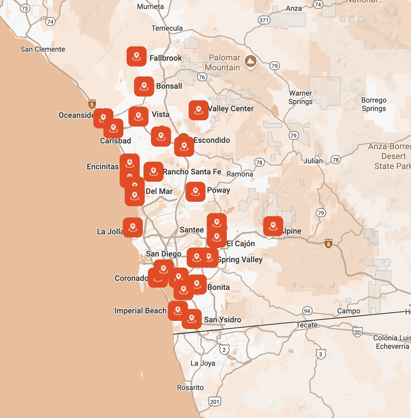 Map of West Coast's San Diego County service area