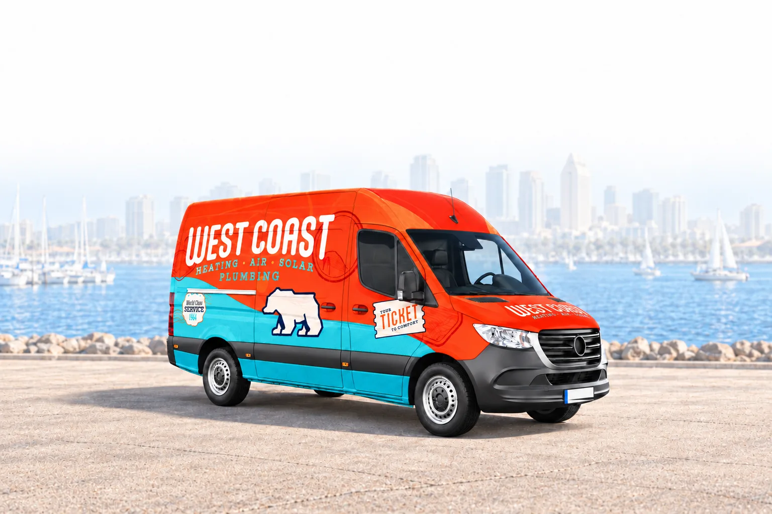 West Coast plumbing van parked by the harbor