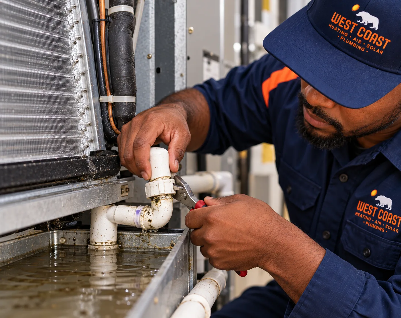 West Coast technician clearing an AC condensate drain