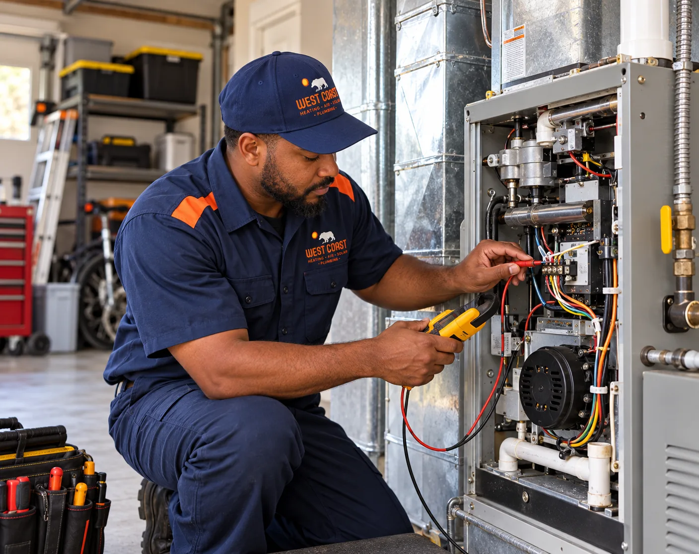 West Coast technician testing the controls of a garage furnace with a multimeter