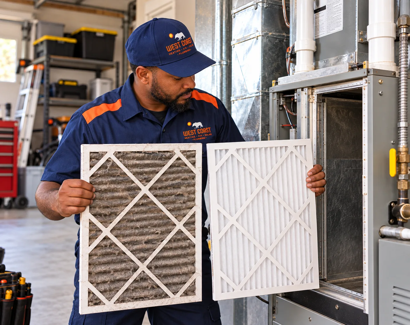 West Coast technician holding a dirty air filter next to a clean new one beside an open furnace