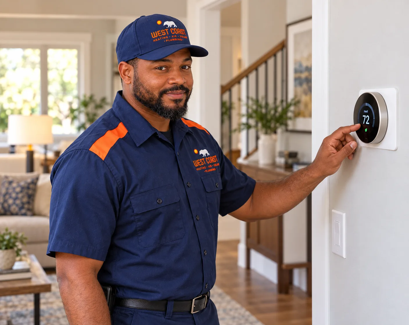 West Coast technician adjusting a home thermostat