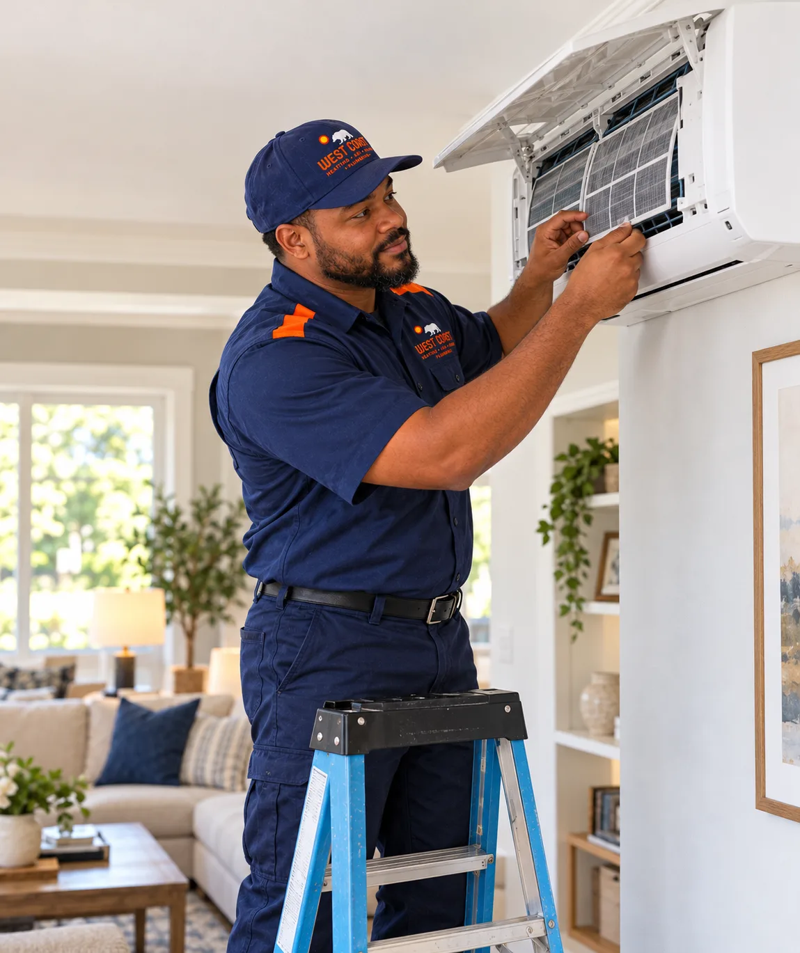 West Coast technician servicing a wall-mounted mini-split indoor unit