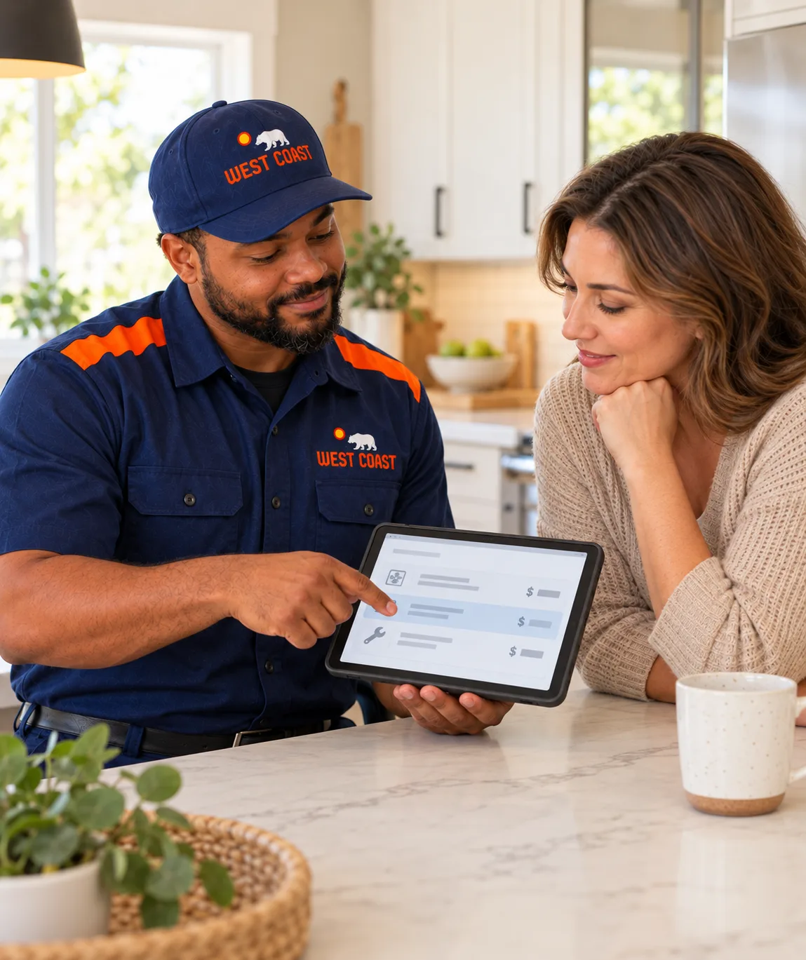 West Coast technician going over options with a homeowner in her kitchen