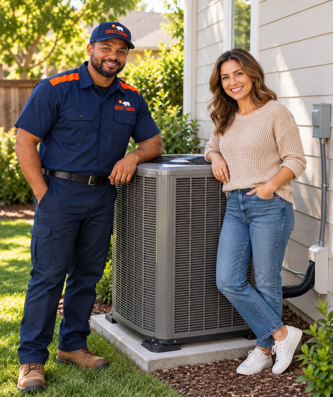 Newly installed AC unit with a West Coast technician and homeowner