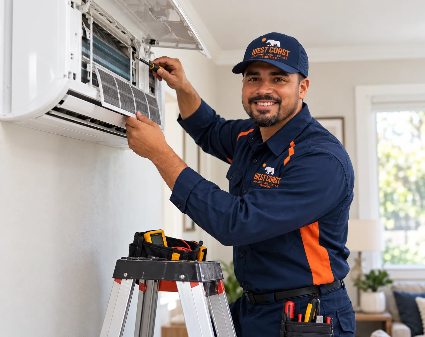 West Coast technician servicing a ductless mini-split system
