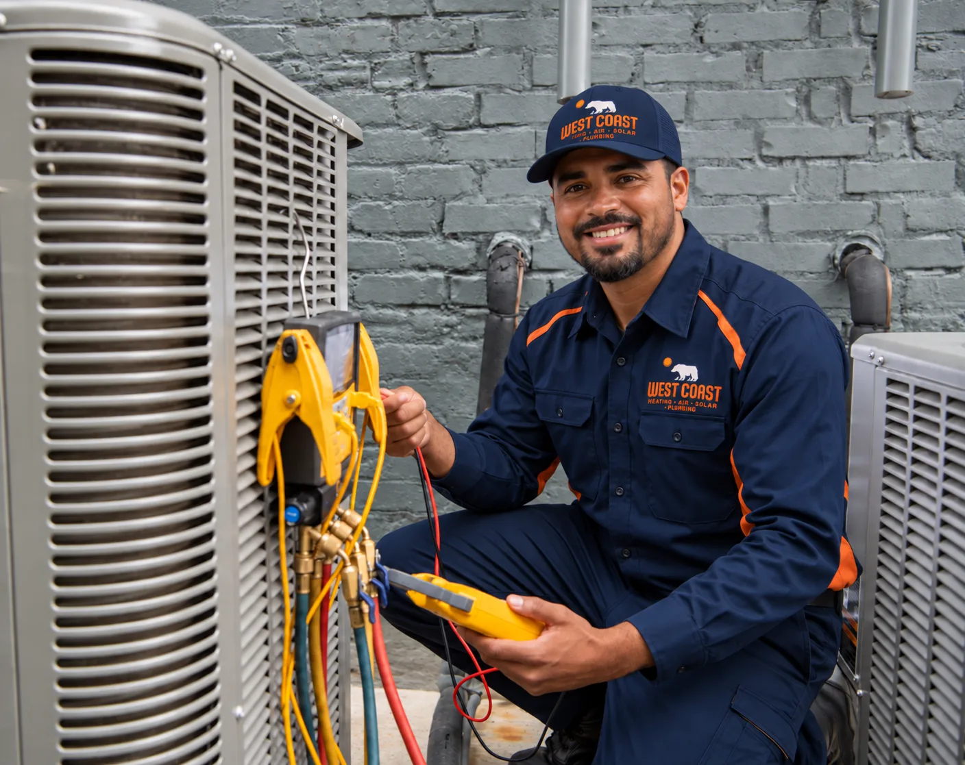Smiling West Coast technician kneeling beside an outdoor AC unit with a clamp meter and gauges connected