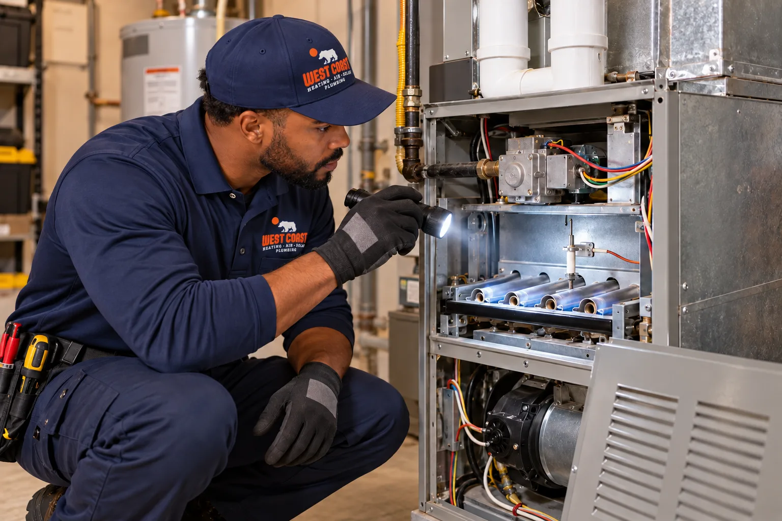 West Coast technician inspecting the burners of an open gas furnace with a flashlight
