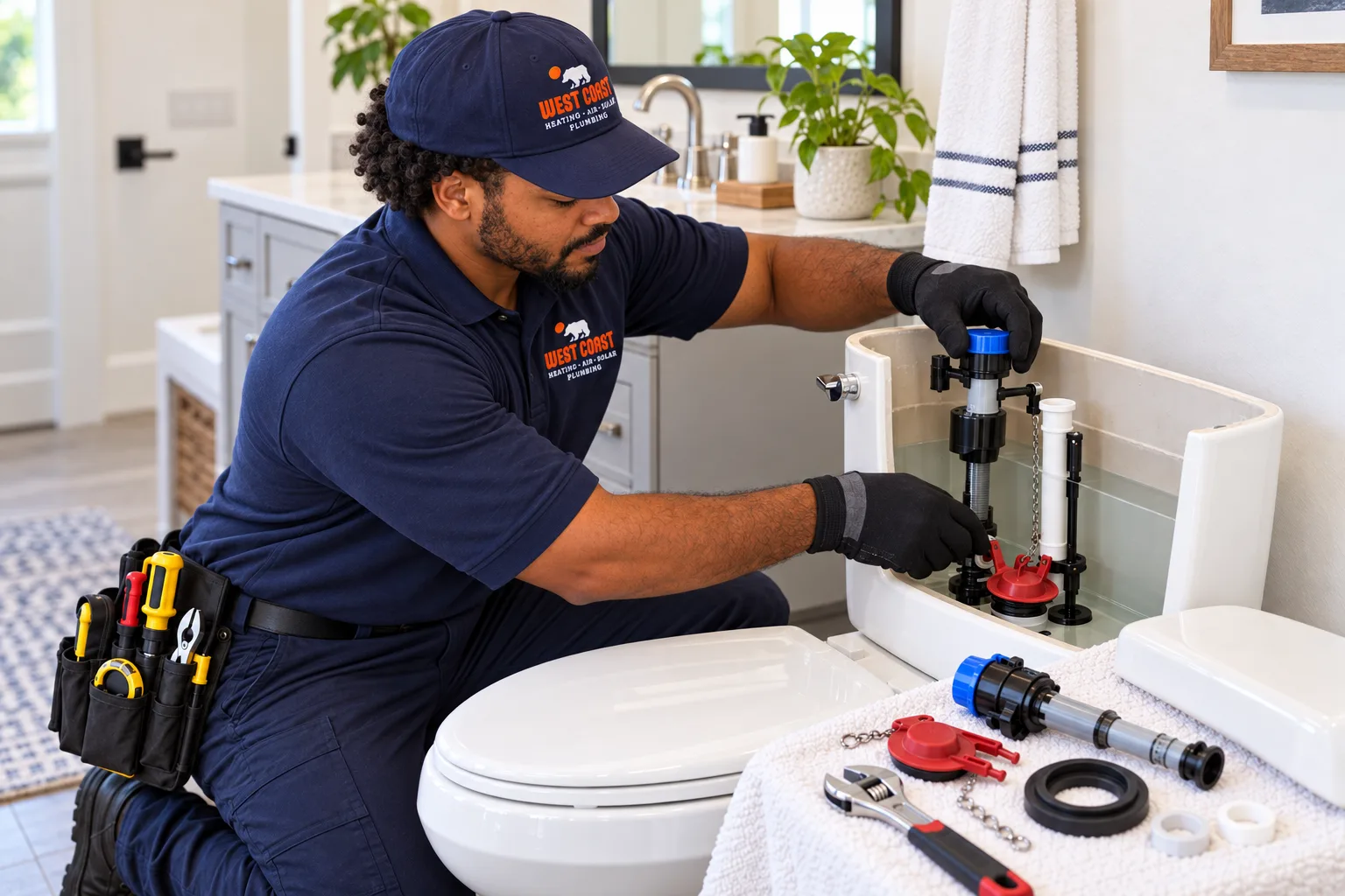 West Coast plumber repairing a toilet tank