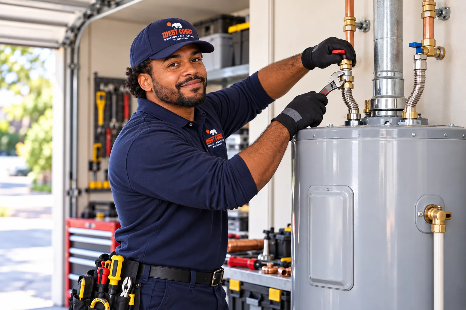 West Coast technician installing a water heater