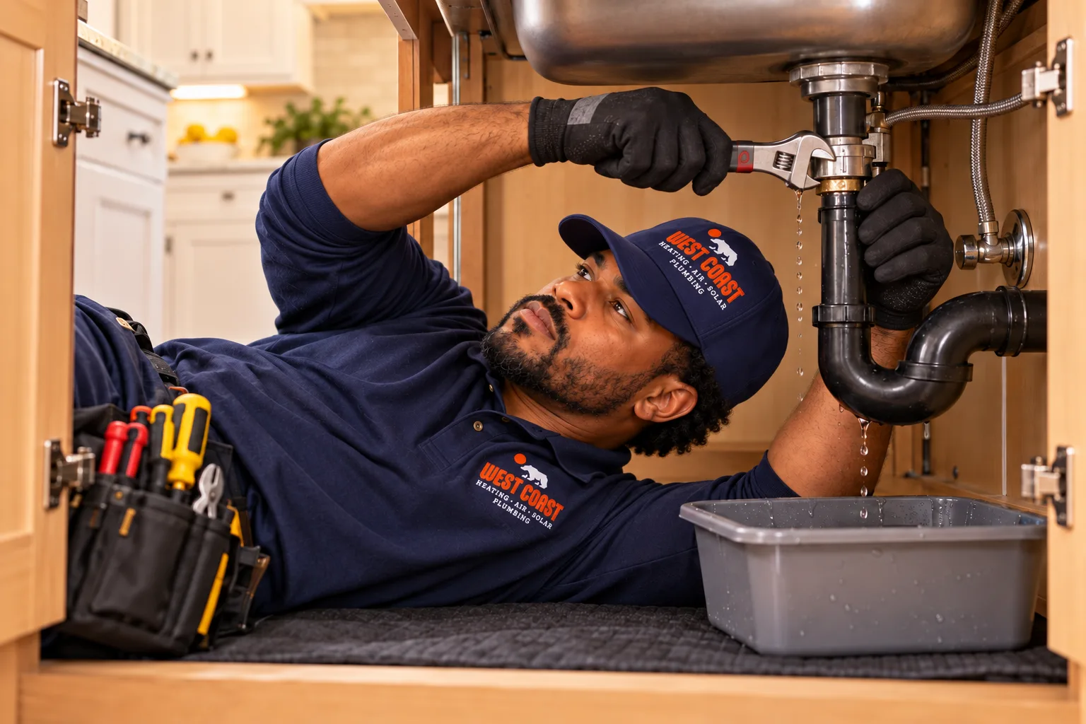 West Coast technician repairing a leaking pipe under a kitchen sink