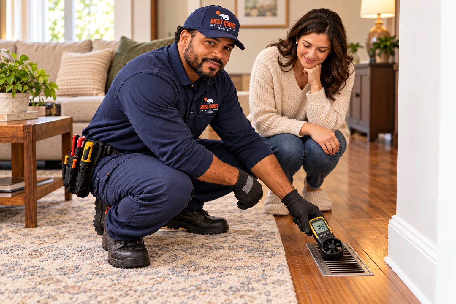 West Coast technician measuring airflow at a floor vent while the homeowner watches