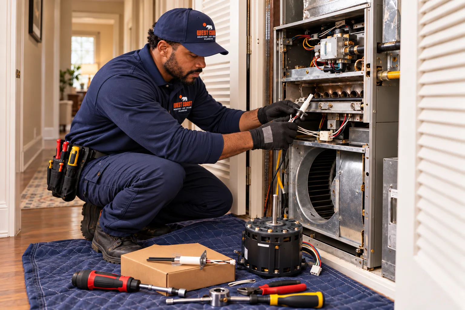 West Coast technician replacing a blower motor in an open gas furnace