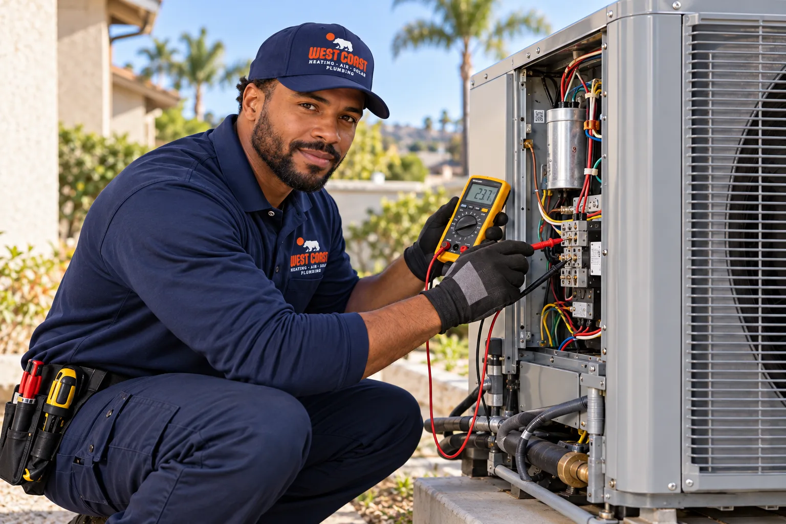 West Coast technician testing an outdoor heat pump