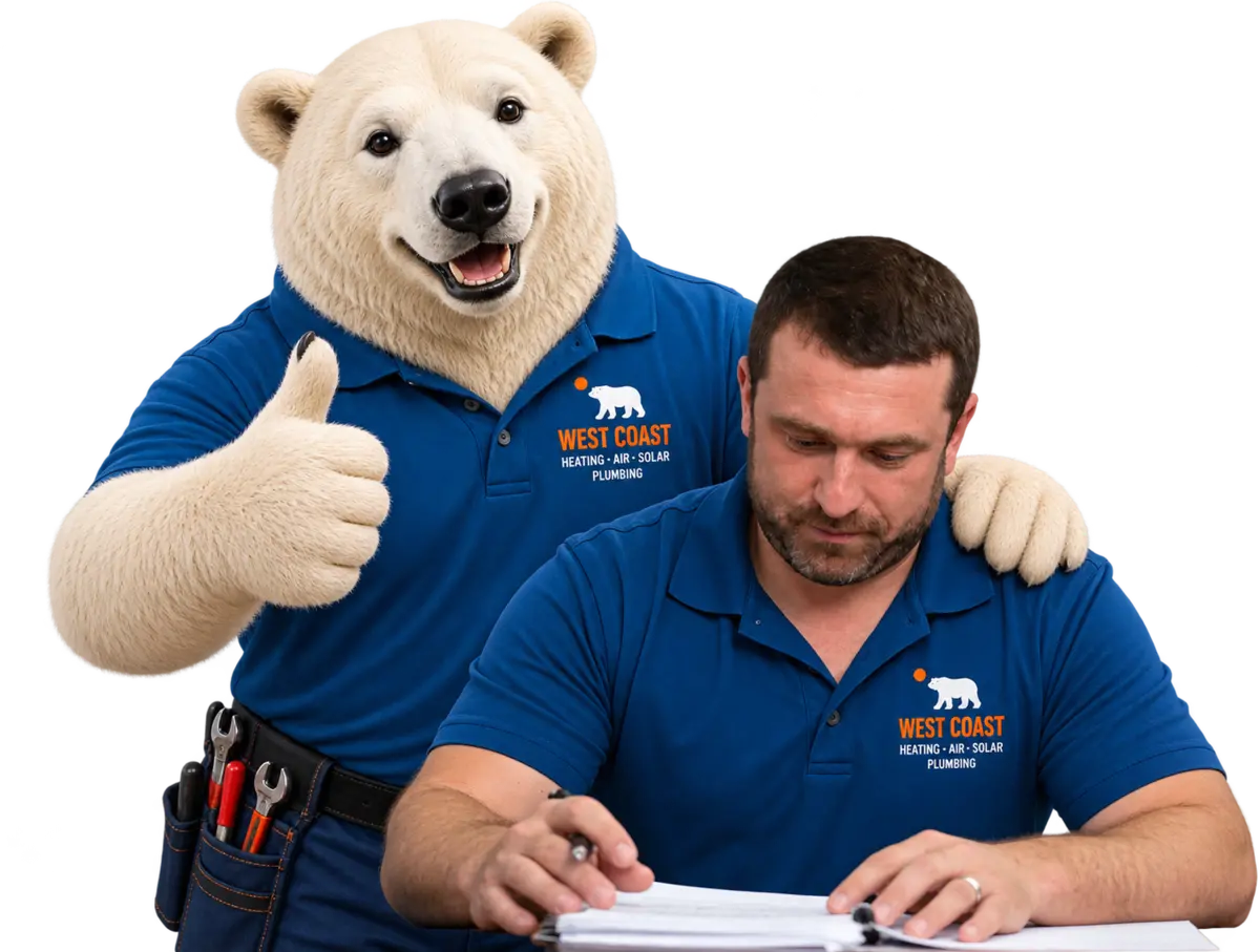 West Coast technician with the West Coast bear mascot