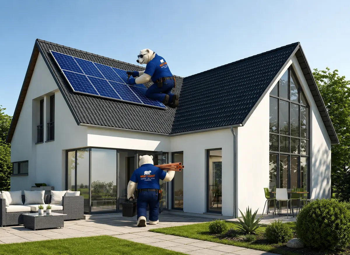 Illustration of a modern home with rooftop solar panels and the West Coast bear mascot at work