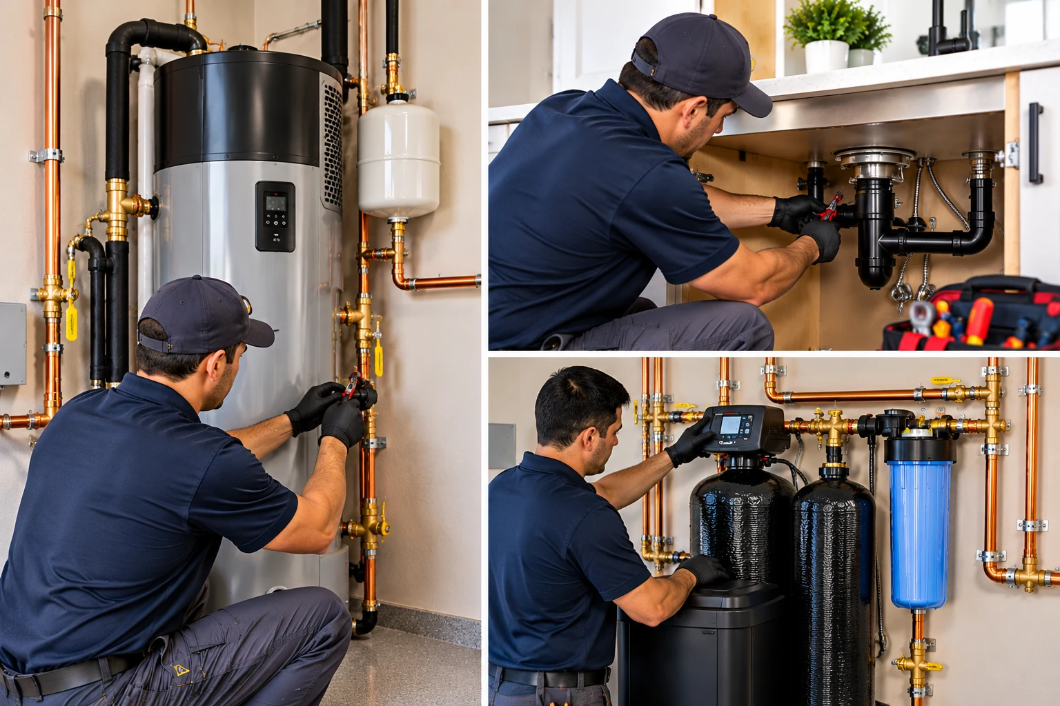 West Coast plumber servicing a water heater, sink drain and water filtration system